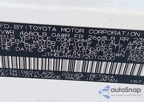 2007 Lexus Es 350 from USA, damaged, VIN JTHBJ46G372010200
